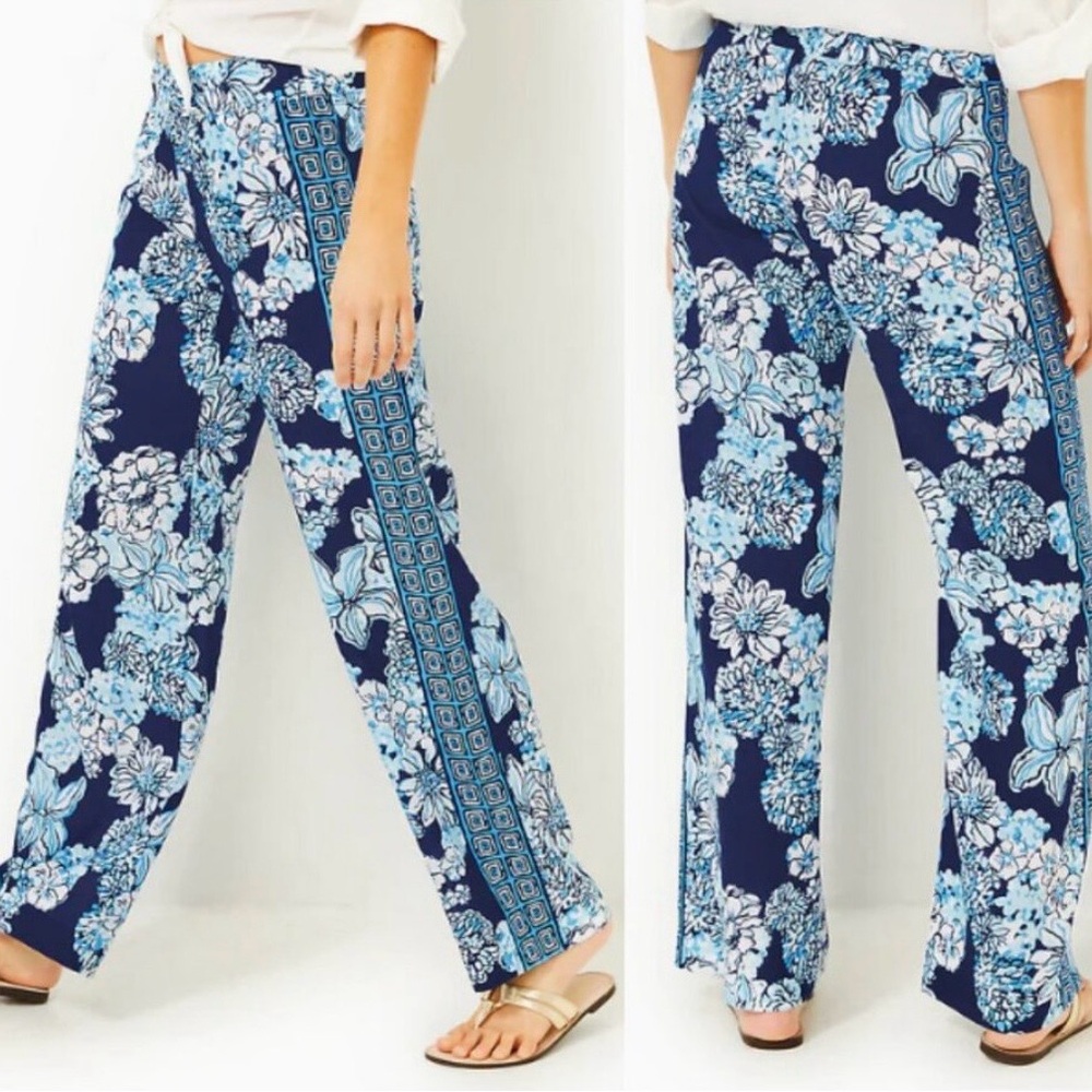 Lilly Pulitzer Bal Harbour Palazzo Pant - Low Tide Navy Bouquet All Day Size XS